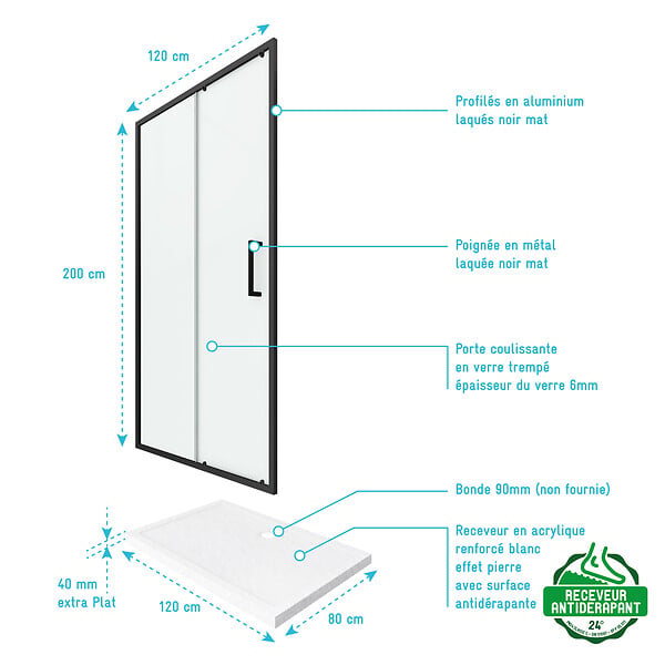 AURLANE - PACK PAROI PORTE DE DOUCHE + RECEVEUR A POSER - 120x80 COULISSANTE -CRUSH MOON 120x80 - large