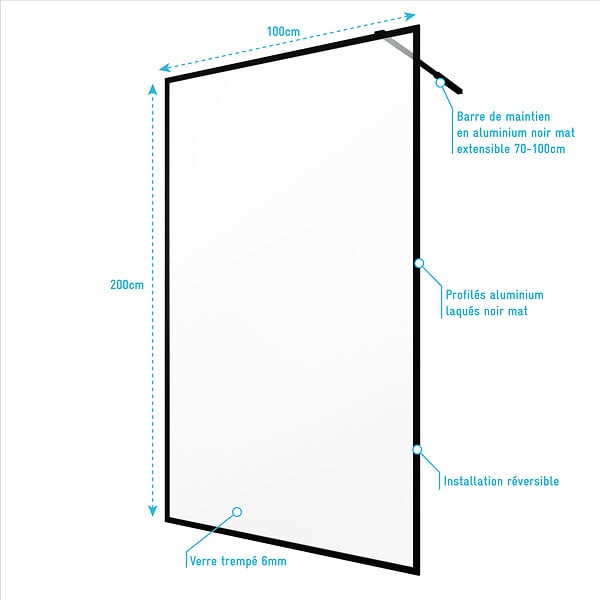 AURLANE - Paroi de Douche 100x200 cm - Cadre et Bras Aluminium NOIR MAT - DARK CONTOURING - large