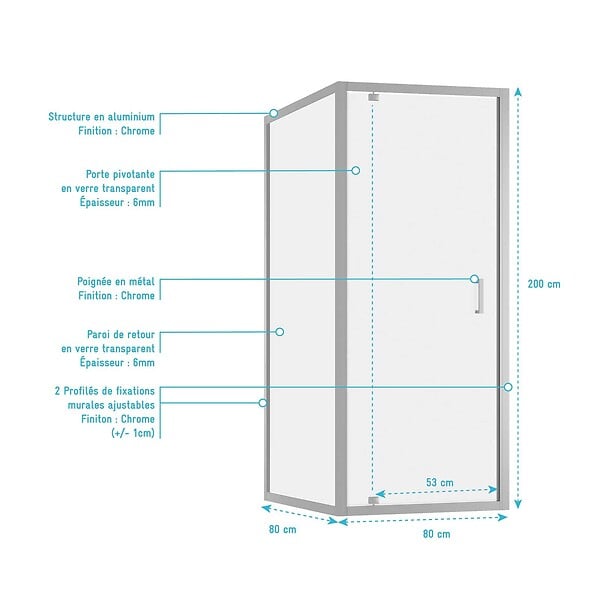 AURLANE - Porte de Douche Pivotante et Retour 80x80x200cm - Profilés Chrome - Verre trempé 6mm - large