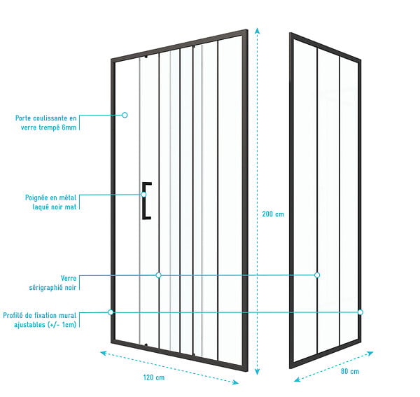 AURLANE - Porte de douche serigraphiee - 120x200cm + Paroi retour - 80x200 cm - PORTE COULISSANTE - large