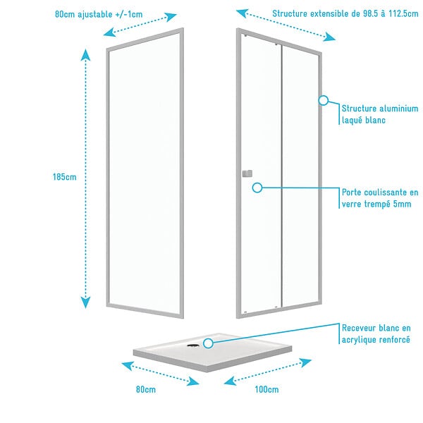 AURLANE - Pack porte de douche Coulissante blanc 100X185 cm + paroi de retour 80cm + receveur à poser - WHITY - large