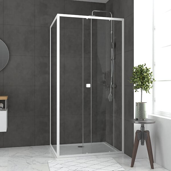AURLANE - Pack porte de douche Coulissante blanc 100X185 cm + paroi de retour 80cm + receveur à poser - WHITY - large