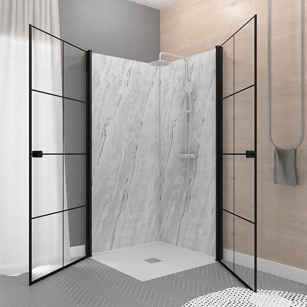 AURLANE - Portes de Douche en Angle 80x80x190 cm - Motifs carrés - Profilés Noir Mat - BLACK CUBE - large
