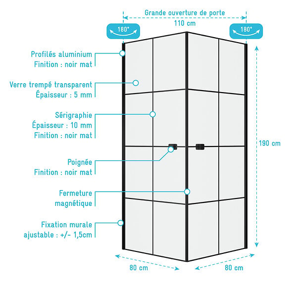 AURLANE - Portes de Douche en Angle 80x80x190 cm - Motifs carrés - Profilés Noir Mat - BLACK CUBE - large