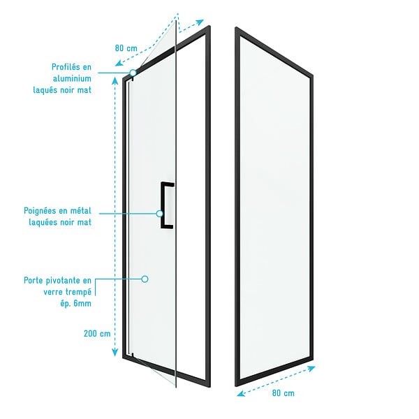 AURLANE - Porte de douche Pivotante et retour 80x80x200 - Profilés noir mat - CRUSH PIVOTANTE - large