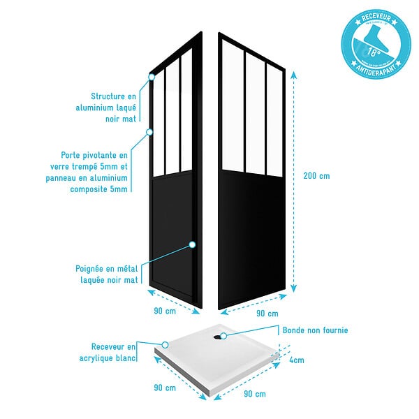 AURLANE - Pack Porte pivotante verre trempé 5mm + panneau aluminium composite + receveur blanc 90x90 - large