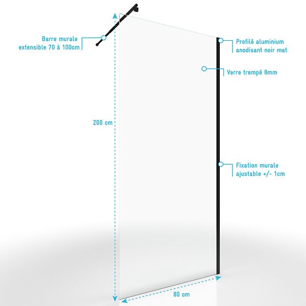 AURLANE - Paroi de Douche 80x200cm Verre Transparent - Barre de Fixation Extensible et Profil Noir - large