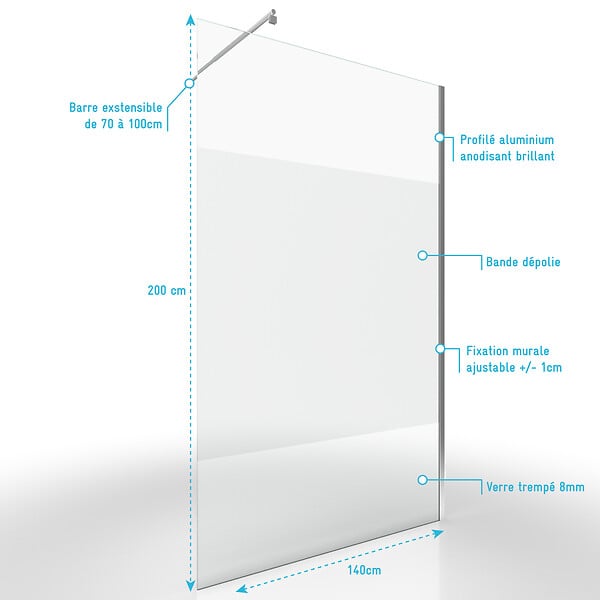 AURLANE - Paroi de Douche Dépolie 140x200cm + Barre de fixation extensible - Verre 8mm - Finition Chrome - large