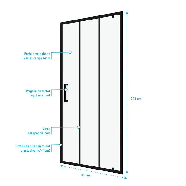 AURLANE - Porte de douche pivotante type industriel - 80x200cm - PROFILE NOIR MAT - verre 6mm - large