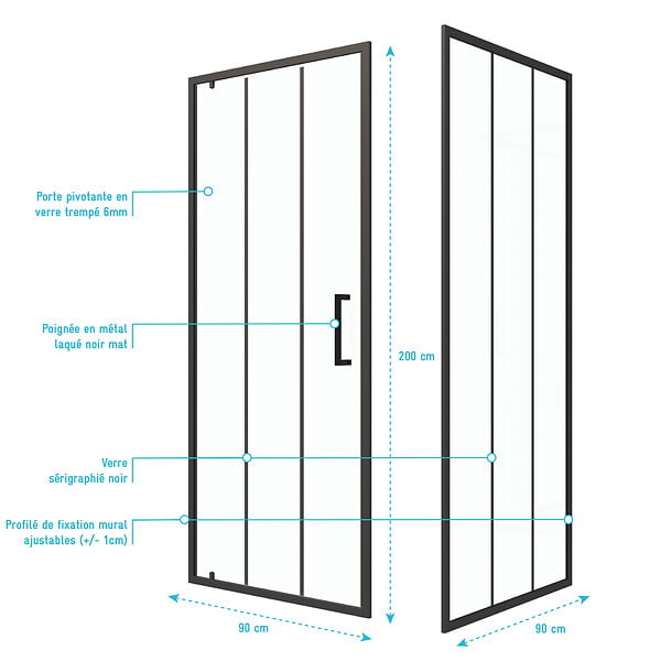 AURLANE - Porte de douche serigraphiee - 90x200cm + Paroi retour - 90x200 cm - PORTE PIVOTANTE - large