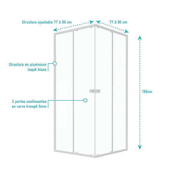 AURLANE - Porte de douche carrée blanc extensible 77 à 90cm de largeur - verre transparent - WHITY - large