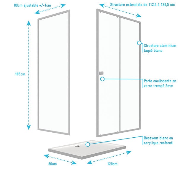 AURLANE - Pack porte de douche Coulissante blanc 120X185 cm + paroi de retour 80cm + receveur à poser - WHITY - large