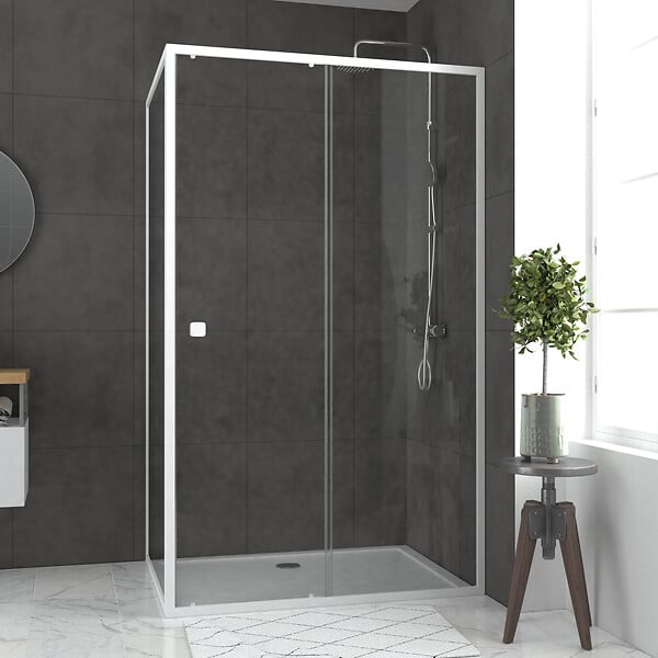 AURLANE - Pack porte de douche Coulissante blanc 120X185 cm + paroi de retour 80cm + receveur à poser - WHITY - large