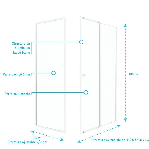 AURLANE - Pack porte de douche Coulissante blanc 120x185cm + retour 90 verre transparent 5mm - WHITY slide 120 - large
