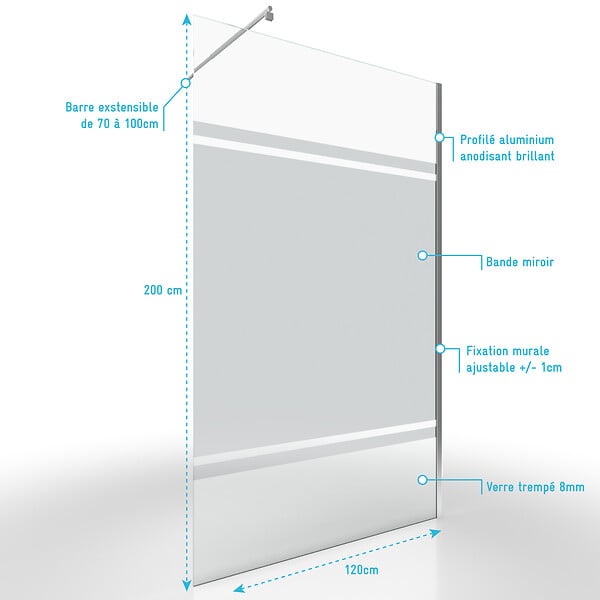 AURLANE - Paroi de Douche 140x200cm - Bande Miroir - Barre de Fixation Extensible et Profil Chrome - large