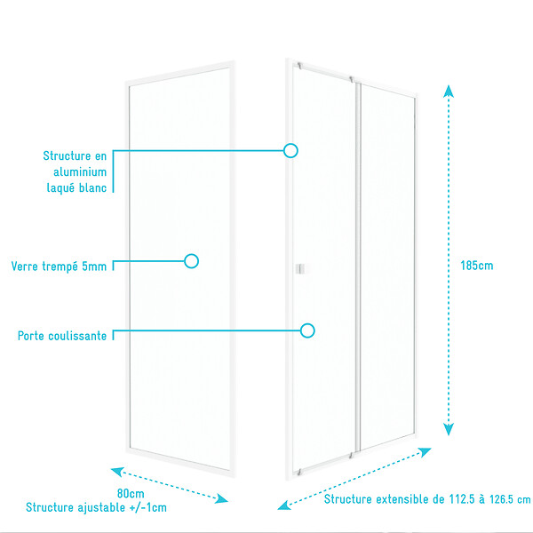 AURLANE - Pack porte de douche Coulissante blanc 120x185cm + retour 80 verre transparent 5mm - WHITY slide 120 - large