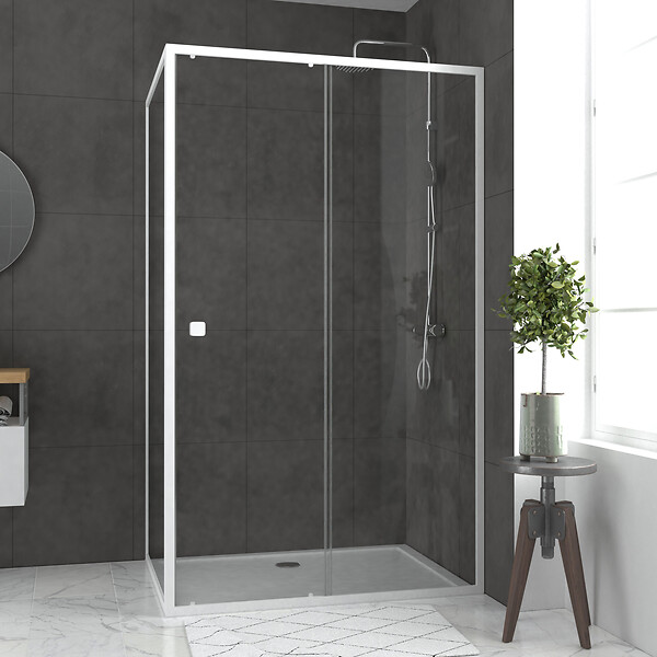 AURLANE - Pack porte de douche Coulissante blanc 120x185cm + retour 80 verre transparent 5mm - WHITY slide 120 - large