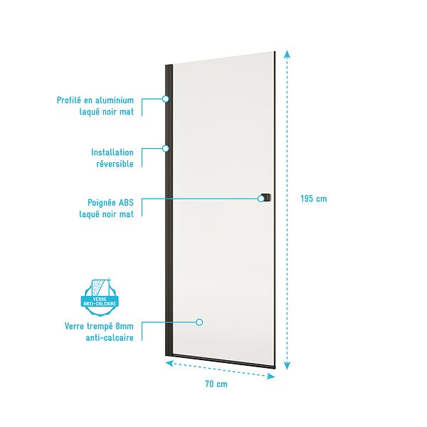 AURLANE - Porte de Douche Pivotante 70x195cm - Verre Trempe 8mm Anticalcaire - Alu Noir - DARK ELEMENTARY - large