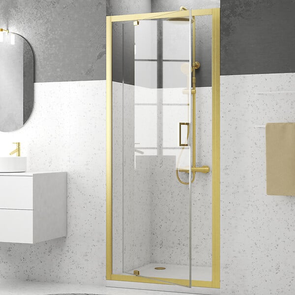 AURLANE - Porte de douche Pivotante 90x200cm - Profilés Or Doré Brossé - Verre Trempé 6mm - GOLDY CRUSH - large