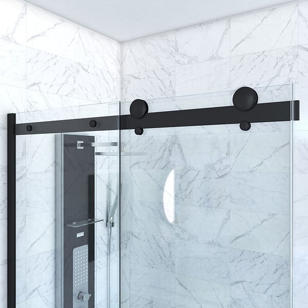AURLANE - Porte de douche coulissante 120x200cm noir mat - rail soft close + RETOUR 80 - RAILROAD DARK - large
