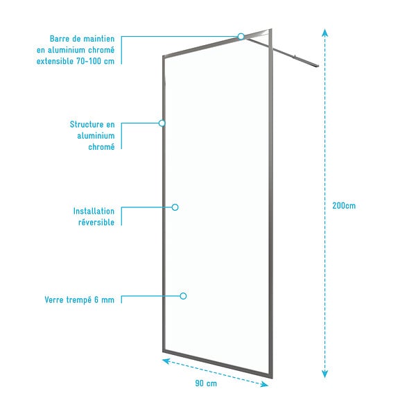 AURLANE - Paroi de Douche 90x200 cm - Cadre et Bras Aluminium Chrome - CHROMED CONTOURING - large