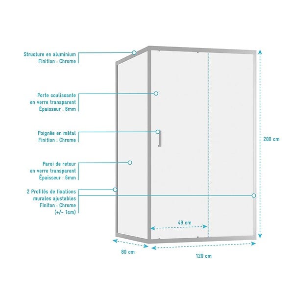 AURLANE - Porte de Douche Coulissante et Retour 120x80x200cm - Profilés Chrome - Verre trempé 6mm - large