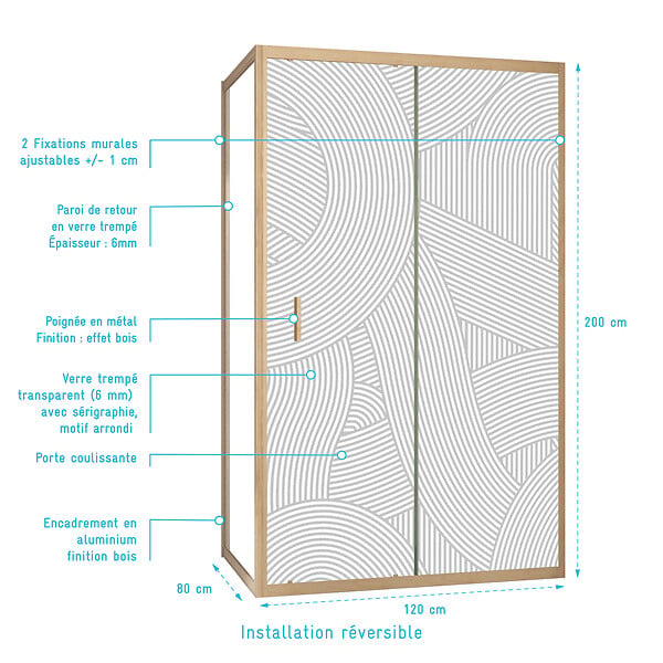 AURLANE - Porte de Douche Coulissante avec Retour 120x80x200cm Style Japandi Arrondi - Cadre Effet Bois - large