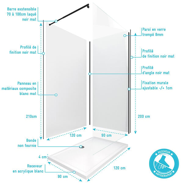 AURLANE - Pack douche à l'Italienne 90x120 - Kit Panneaux muraux Blanc/Noir + receveur + Paroi transparente - large