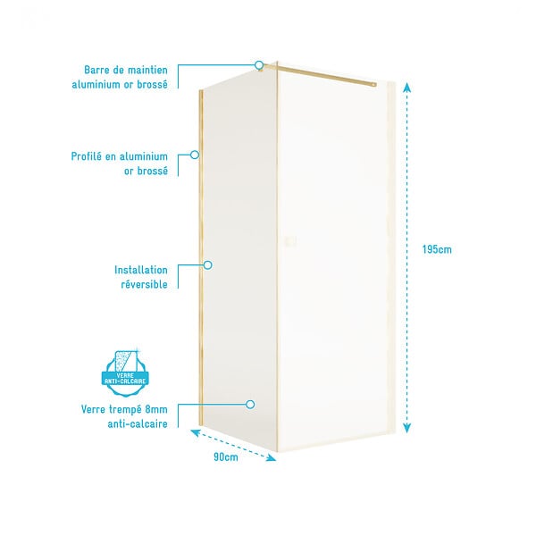 AURLANE - Retour pour Porte de Douche 80x195cm Verre Trempe 8mm Anticalcaire - Alu Or Brosse - GOLD ELEMENTARY - large