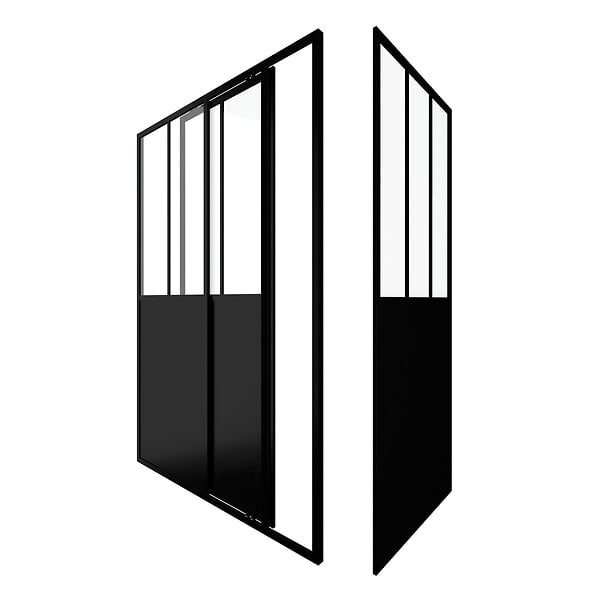 AURLANE - Porte de douche coulissante 120x200cm + retour 80cm type atelier - NOIR MAT - verre 5mm - large