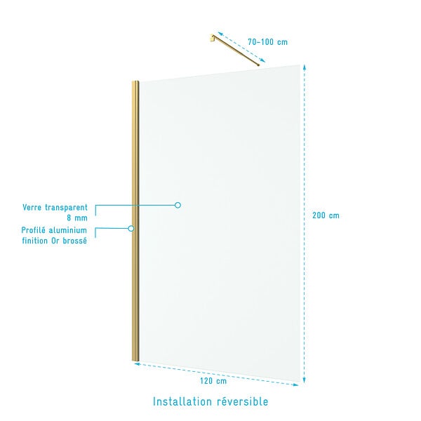 AURLANE - Paroi de Douche 120x200cm Verre Transparent - Barre de Fixation Extensible et Profil Or Brossé - large