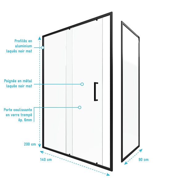 AURLANE - Porte de douche + Retour 140x90x200 cm - Verre 6 mm - Profilé Noir - CRUSH - large