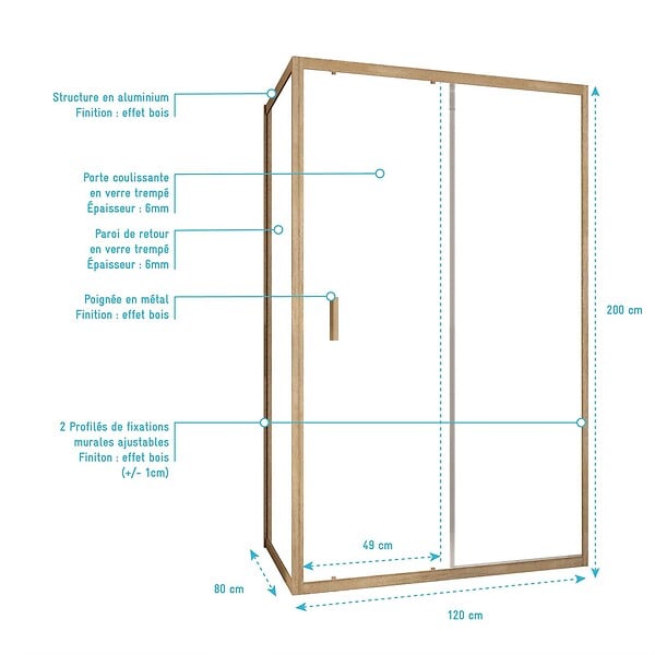 AURLANE - Porte de Douche Coulissante et Retour 120x80x200cm - Profilés Alu Effet Bois - Verre Trempé 6mm - large