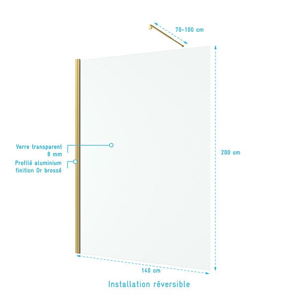 AURLANE - Paroi de Douche 140x200cm Verre Transparent - Barre de Fixation Extensible et Profil Or Brossé - large