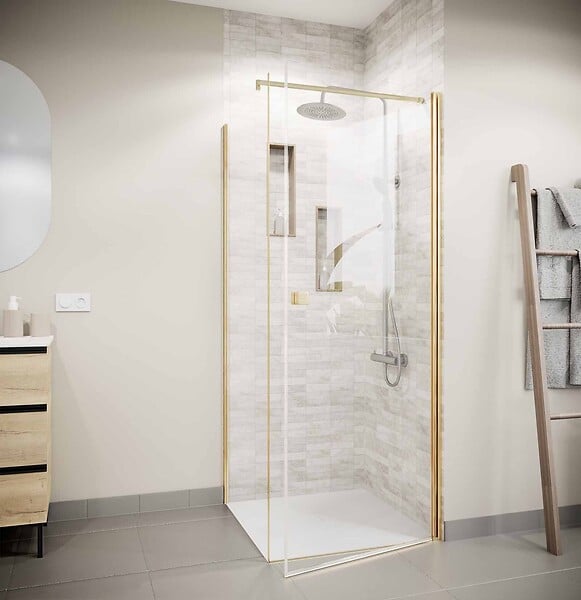 AURLANE - Retour pour Porte de Douche 90x195cm Verre Trempe 8mm Anticalcaire - Alu Or Brosse - GOLD ELEMENTARY - large