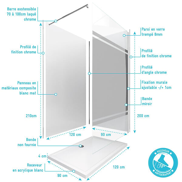 AURLANE - Pack douche à l'Italienne 90x120 - Kit Panneaux muraux Blanc/Chrome + receveur + Paroi Miroir 8 mm - large