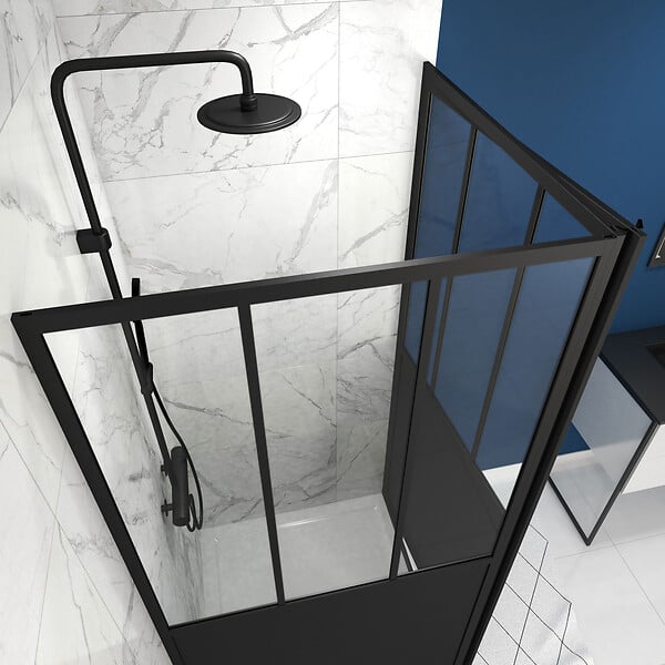 AURLANE - Porte de douche pivotante + paroi retour atelier - 90x200cm PROFILE NOIR MAT - verre 5mm - large