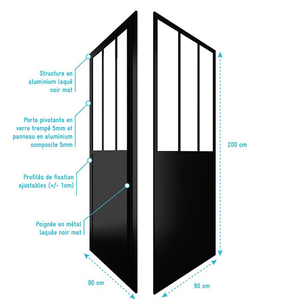 AURLANE - Porte de douche pivotante + paroi retour atelier - 90x200cm PROFILE NOIR MAT - verre 5mm - large