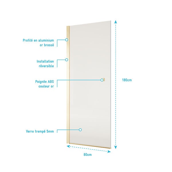 AURLANE - Porte de Douche Pivotante 80x180 cm en Verre Trempe 5 mm - Finition Or Brosse - GOLD ELEMENTARY - large