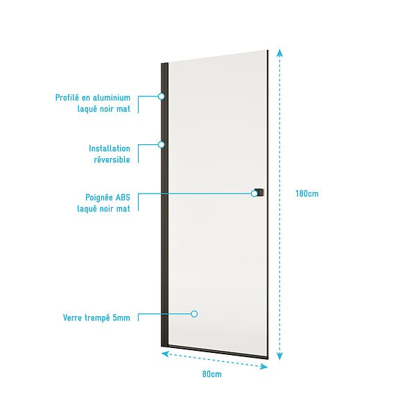 AURLANE - Porte de Douche Pivotante 80x180 cm en Verre Trempe 5 mm - Finition Noire - DARK ELEMENTARY - large