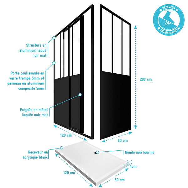 AURLANE - Pack Porte coulissante + paroi retour + receveur blanc 120x80 - large