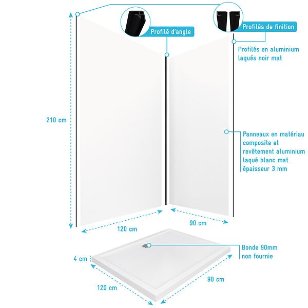 AURLANE - Pack Panneaux Muraux Aluminium Blanc 120+90 - Profilés Noir Mat + Receveur Acrylique 120x90 - large