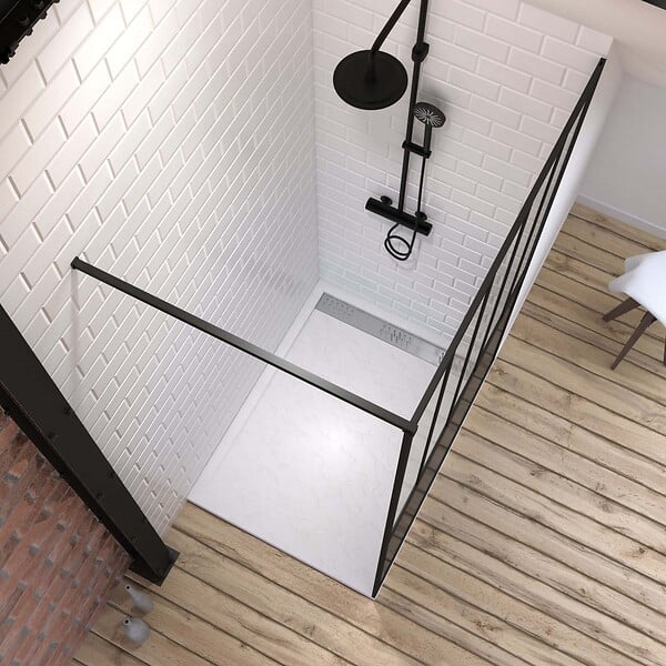 AURLANE - Pack Paroi de douche 120x200 cm noir mat - verre trempe 5mm + Receveur extra plat à poser - caniveau - large