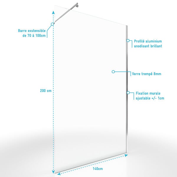 AURLANE - Paroi de Douche 140x200cm Verre Transparent - Barre de Fixation Extensible et Profil Chrome - large