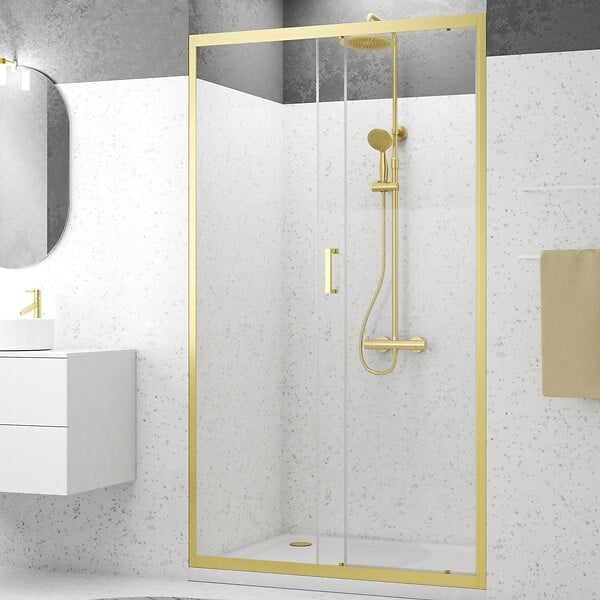 AURLANE - Porte de douche Coulissante 120x200cm - Profilés Or Doré Brossé - Verre Trempé 6mm - GOLDY CRUSH - large