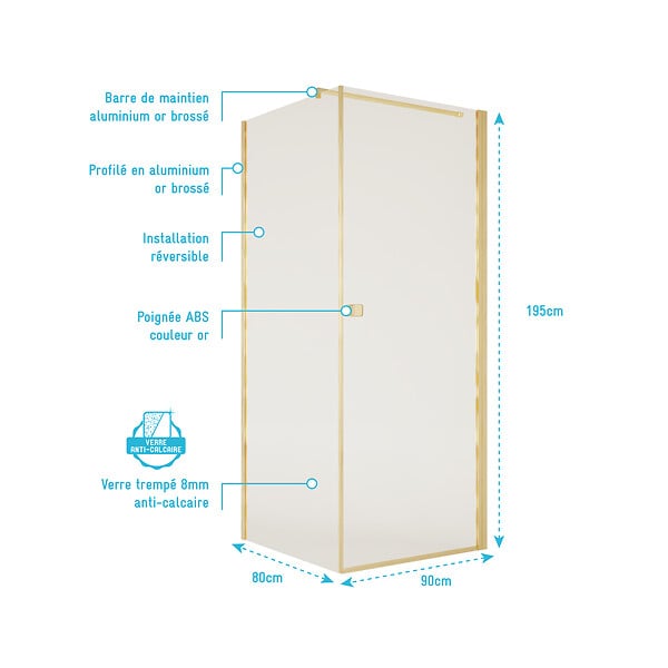 AURLANE - Porte de Douche Pivotante 90x195cm et Retour 80cm - Verre 8mm Anticalcaire - Profil Or Brosse - large