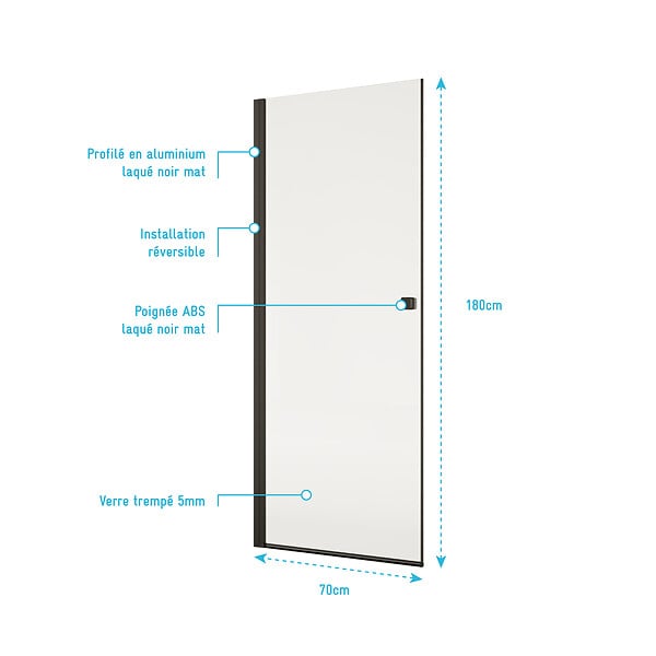 AURLANE - Porte de Douche Pivotante 70x180 cm en Verre Trempe 5 mm - Finition Noire - DARK ELEMENTARY - large