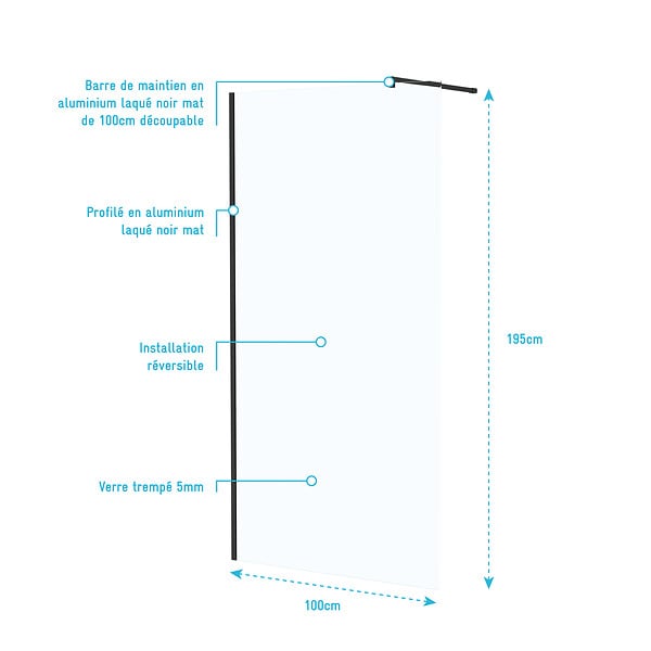 AURLANE - Paroi de Douche 100x195 cm en Verre Trempé 5 mm - Finition Noire - DARK ELEMENTARY - large