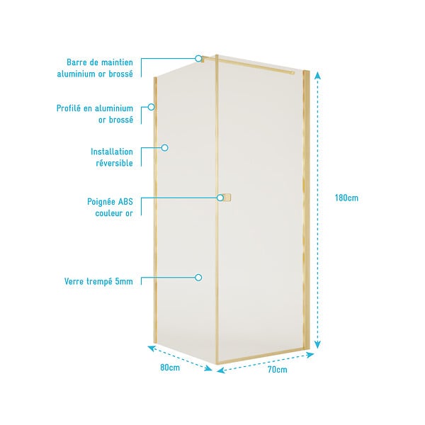 AURLANE - Porte de Douche Pivotante 70x180cm et Retour 80cm - Profil Or Brosse - Verre 5mm - GOLD ELEMENTARY - large