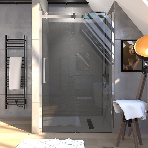 AURLANE - Porte de Douche Coulissante 120x200 cm Type Industriel - Aluminium Chromé - Verre Trempé 8 mm - large